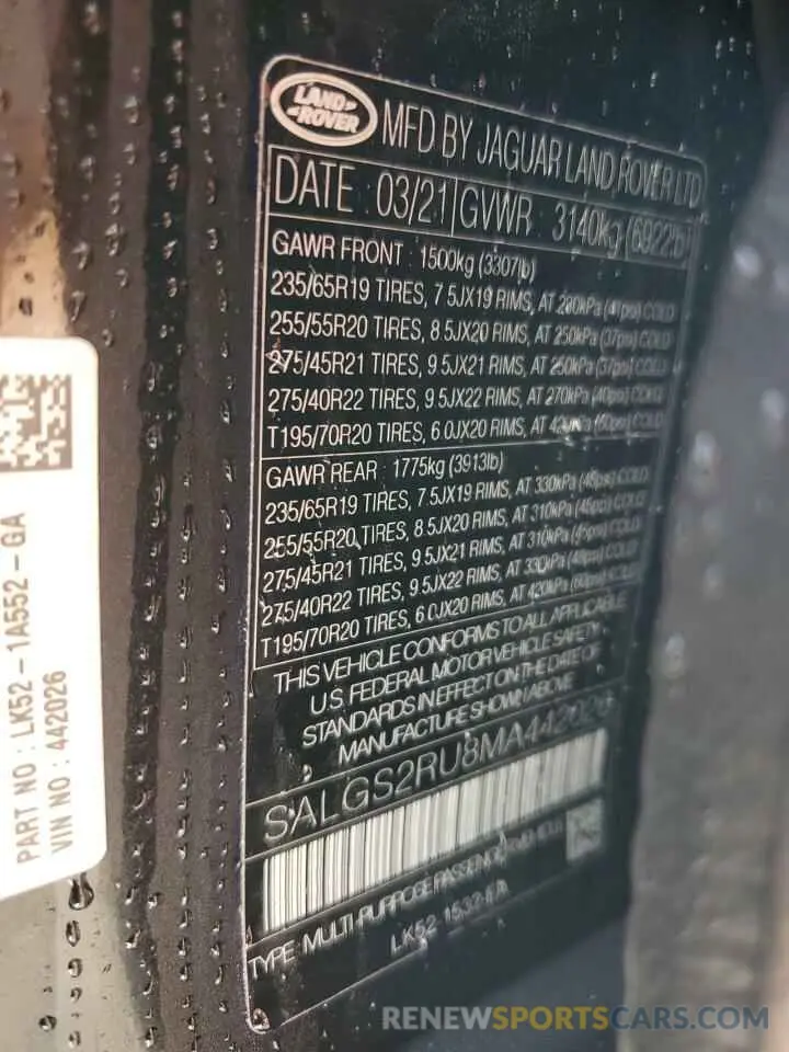 14 fotografías del automóvil dañado SALGS2RU8MA442026 LAND ROVER RANGEROVER 2021