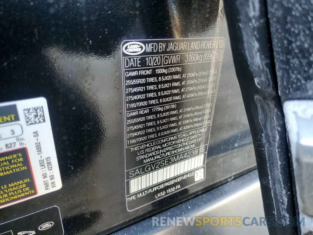 13 fotografías del automóvil dañado SALGV2SE3MA423815 LAND ROVER RANGEROVER 2021