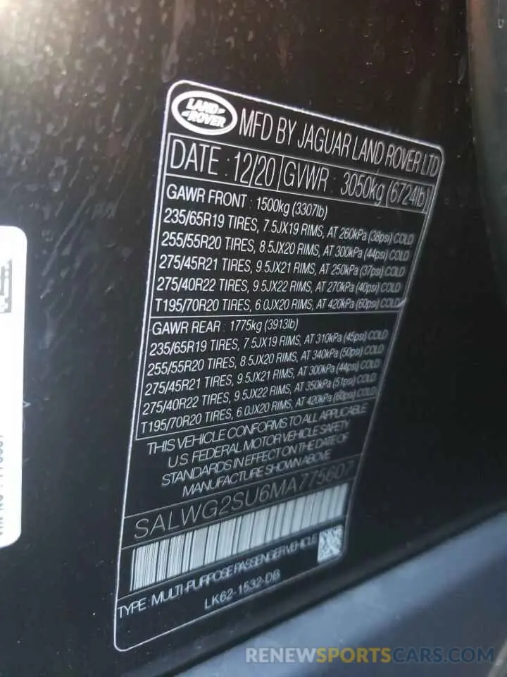 10 fotografías del automóvil dañado SALWG2SU6MA775607 LAND ROVER RANGEROVER 2021
