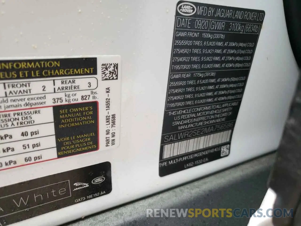 10 fotografías del automóvil dañado SALWR2SE2MA756586 LAND ROVER RANGEROVER 2021