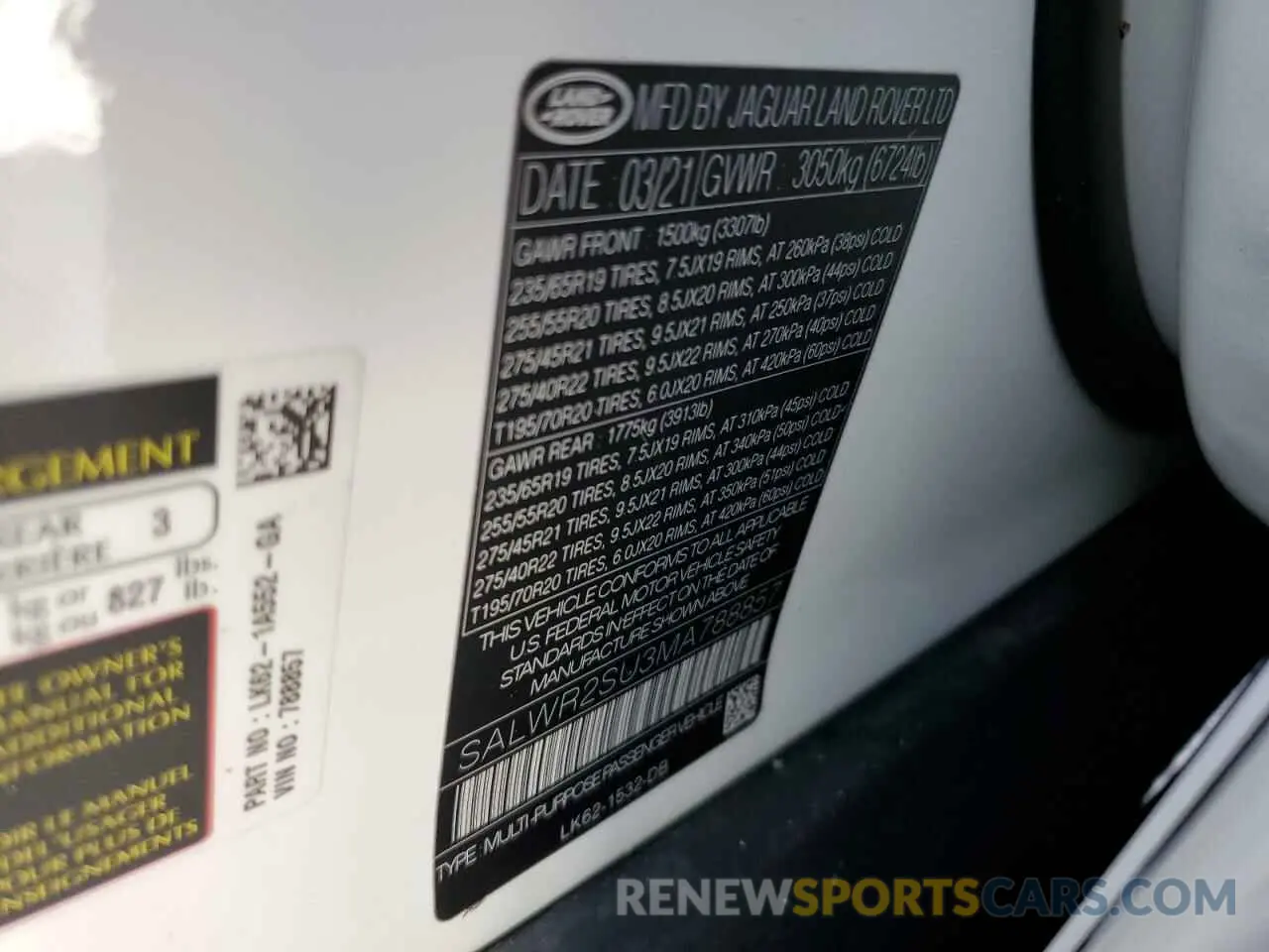 10 fotografías del automóvil dañado SALWR2SU3MA788857 LAND ROVER RANGEROVER 2021