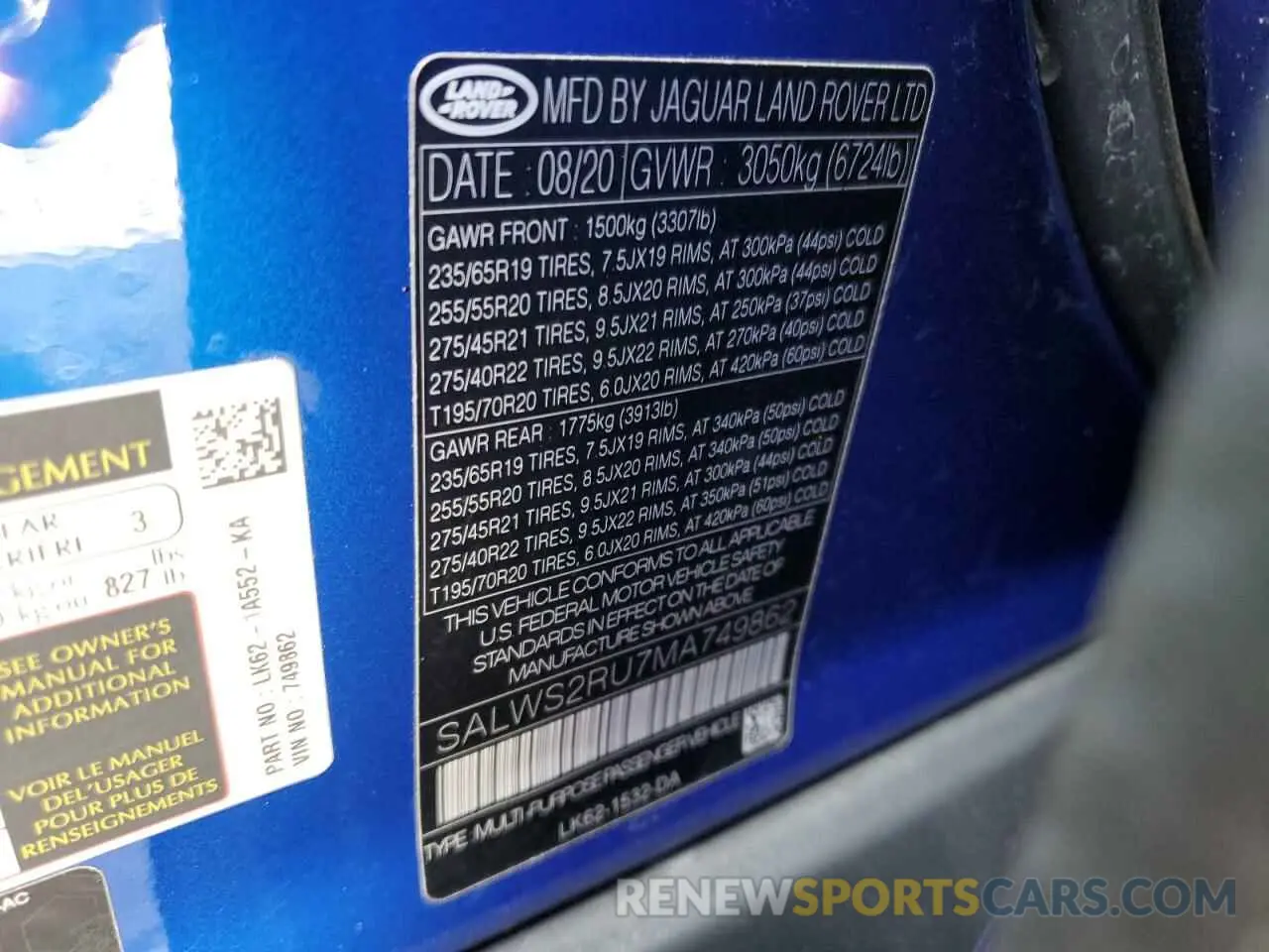 13 fotografías del automóvil dañado SALWS2RU7MA749862 LAND ROVER RANGEROVER 2021