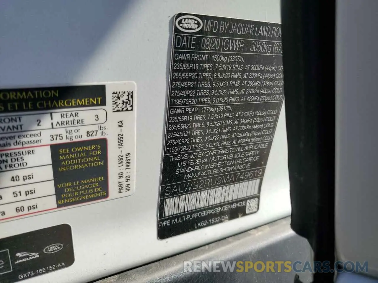 13 fotografías del automóvil dañado SALWS2RU9MA749619 LAND ROVER RANGEROVER 2021