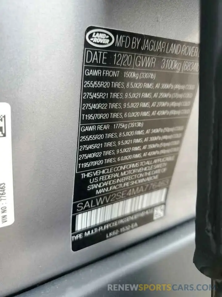 13 fotografías del automóvil dañado SALWV2SE4MA776463 LAND ROVER RANGEROVER 2021