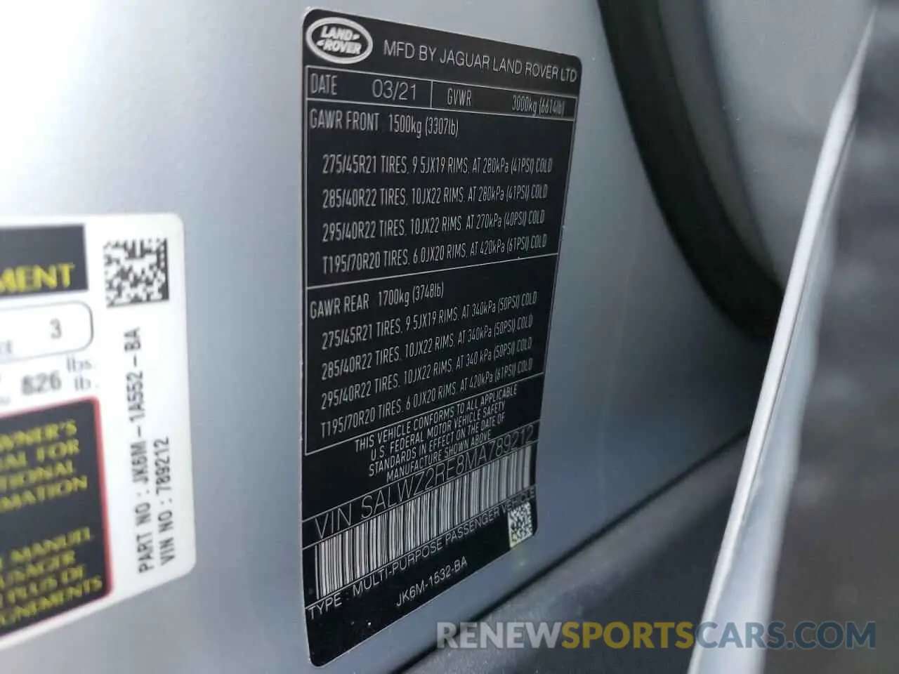 13 fotografías del automóvil dañado SALWZ2RE8MA789212 LAND ROVER RANGEROVER 2021