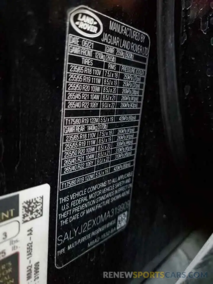 13 fotografías del automóvil dañado SALYJ2EX0MA319909 LAND ROVER RANGEROVER 2021
