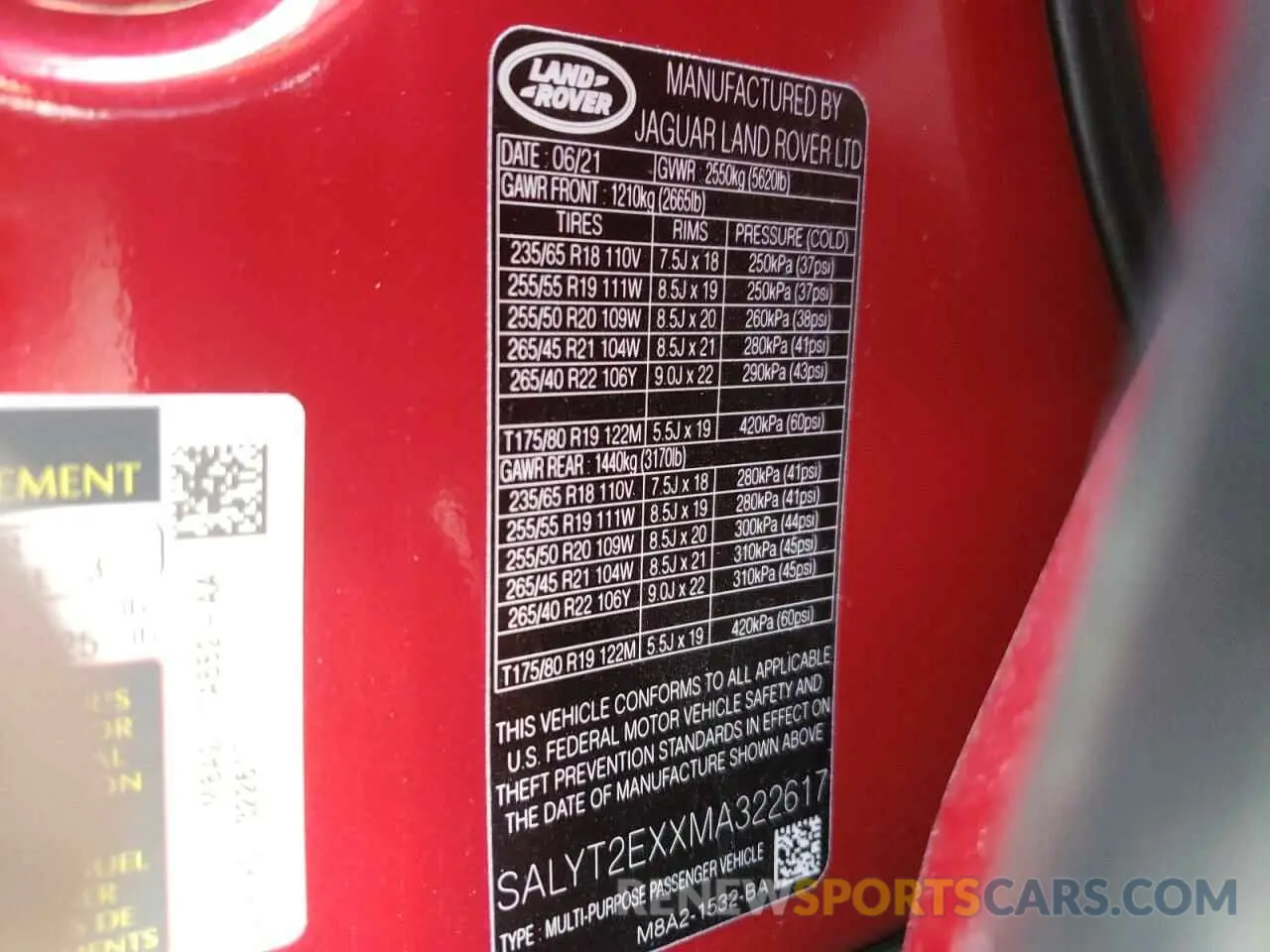10 fotografías del automóvil dañado SALYT2EXXMA322617 LAND ROVER RANGEROVER 2021