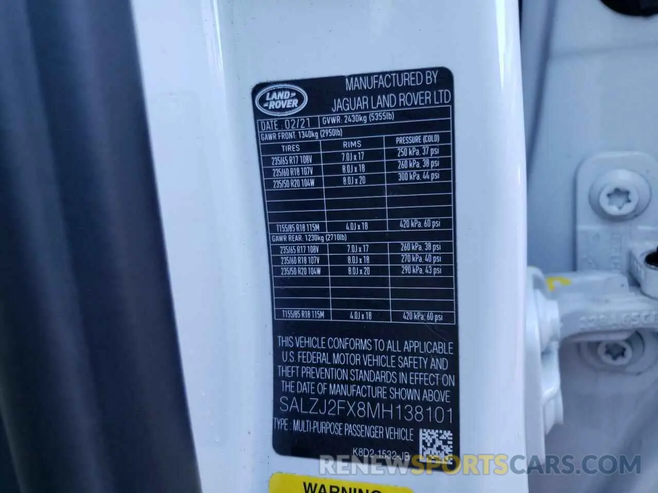 10 fotografías del automóvil dañado SALZJ2FX8MH138101 LAND ROVER RANGEROVER 2021