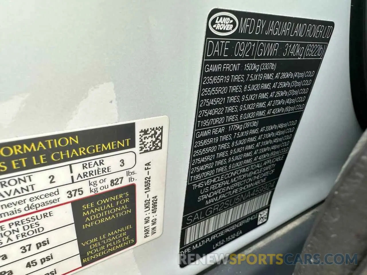 10 fotografías del automóvil dañado SALGR2SU5NA459924 LAND ROVER RANGEROVER 2022