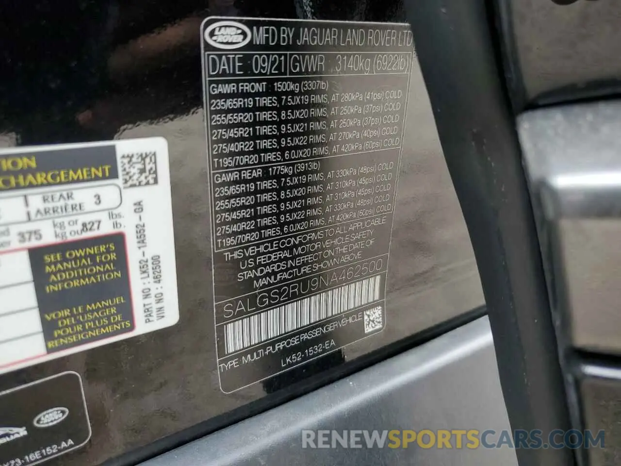 14 fotografías del automóvil dañado SALGS2RU9NA462500 LAND ROVER RANGEROVER 2022