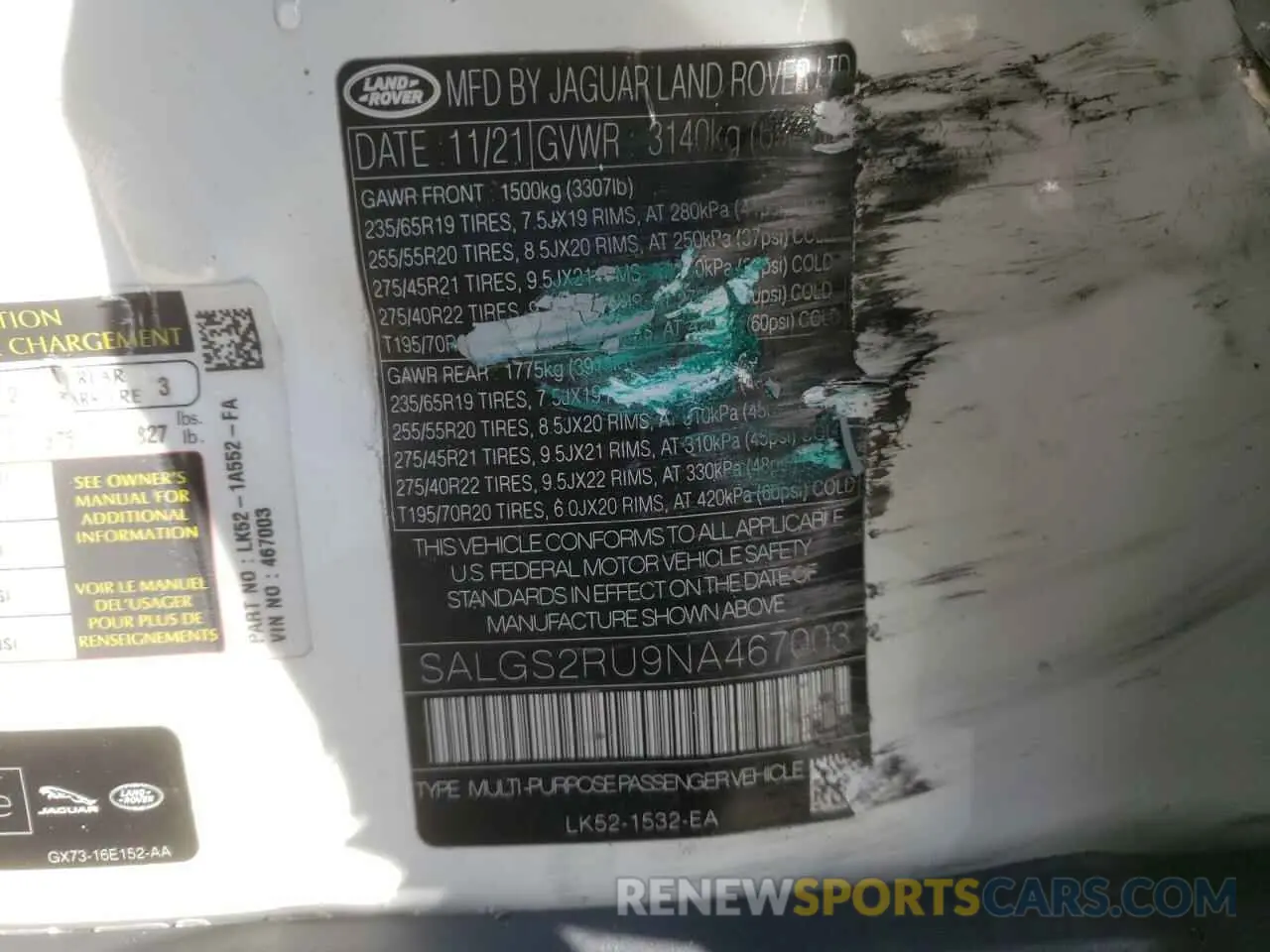 10 fotografías del automóvil dañado SALGS2RU9NA467003 LAND ROVER RANGEROVER 2022
