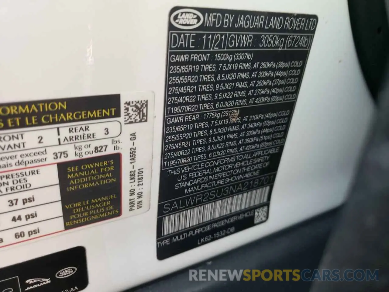 10 fotografías del automóvil dañado SALWR2SU3NA218701 LAND ROVER RANGEROVER 2022