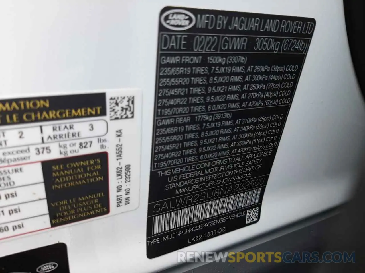 10 fotografías del automóvil dañado SALWR2SU8NA232500 LAND ROVER RANGEROVER 2022