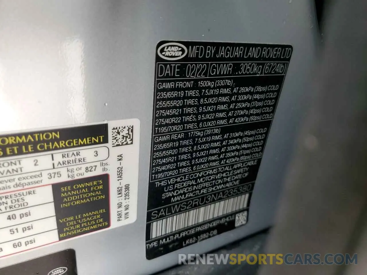 12 fotografías del automóvil dañado SALWS2RU3NA235380 LAND ROVER RANGEROVER 2022