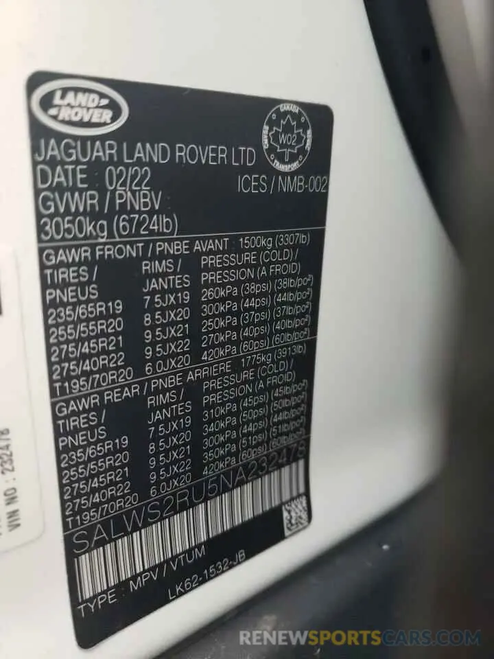 10 fotografías del automóvil dañado SALWS2RU5NA232478 LAND ROVER RANGEROVER 2022