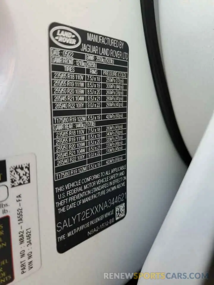 13 fotografías del automóvil dañado SALYT2EXXNA344621 LAND ROVER RANGEROVER 2022