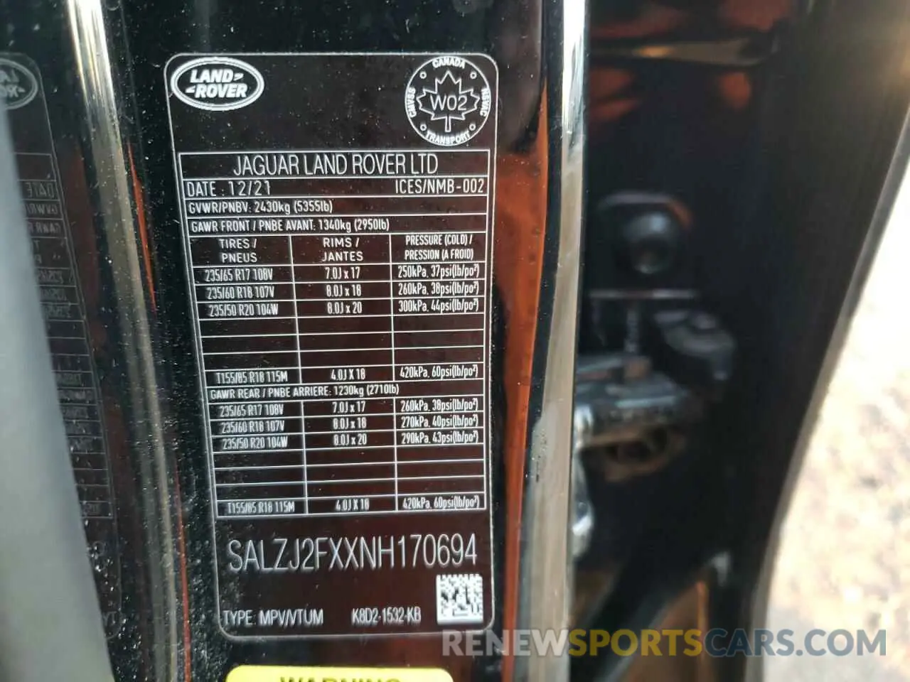 10 fotografías del automóvil dañado SALZJ2FXXNH170694 LAND ROVER RANGEROVER 2022