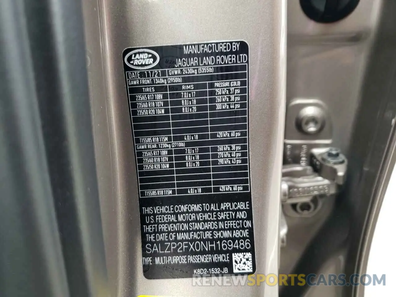 10 fotografías del automóvil dañado SALZP2FX0NH169486 LAND ROVER RANGEROVER 2022