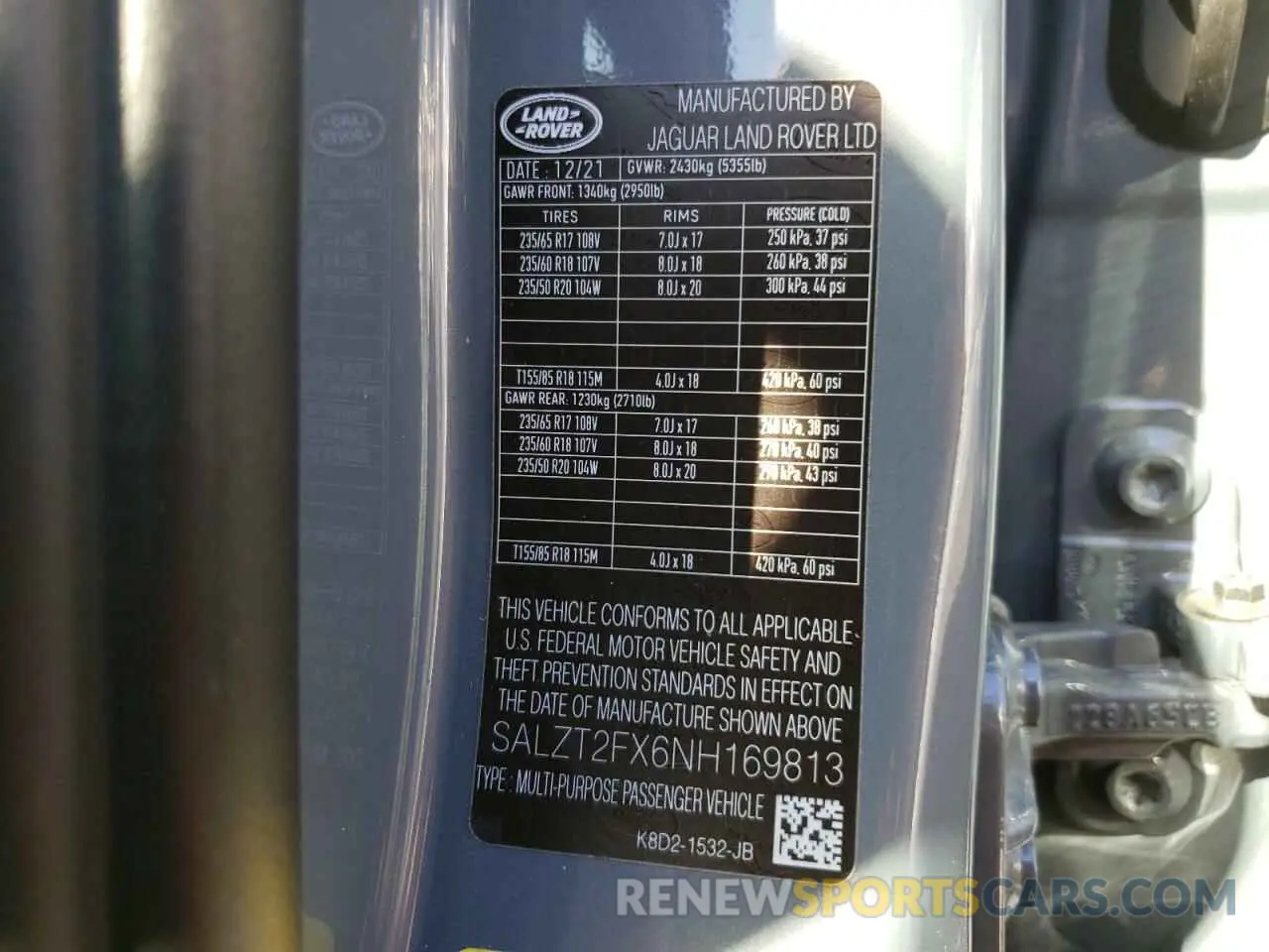 10 fotografías del automóvil dañado SALZT2FX6NH169813 LAND ROVER RANGEROVER 2022