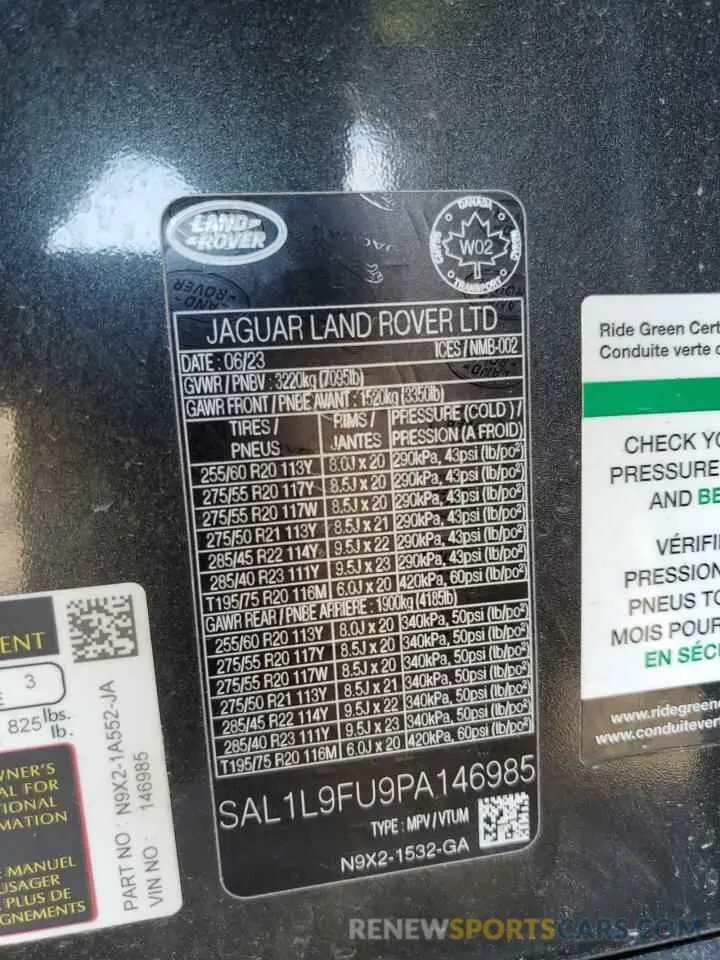 12 fotografías del automóvil dañado SAL1L9FU9PA146985 LAND ROVER RANGEROVER 2023