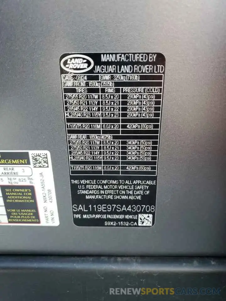 13 fotografías del automóvil dañado SAL119E97SA430708 LAND ROVER RANGEROVER 2025
