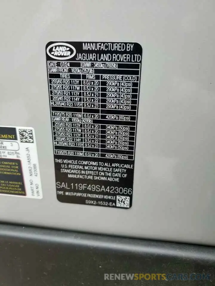 12 fotografías del automóvil dañado SAL119F49SA423066 LAND ROVER RANGEROVER 2025