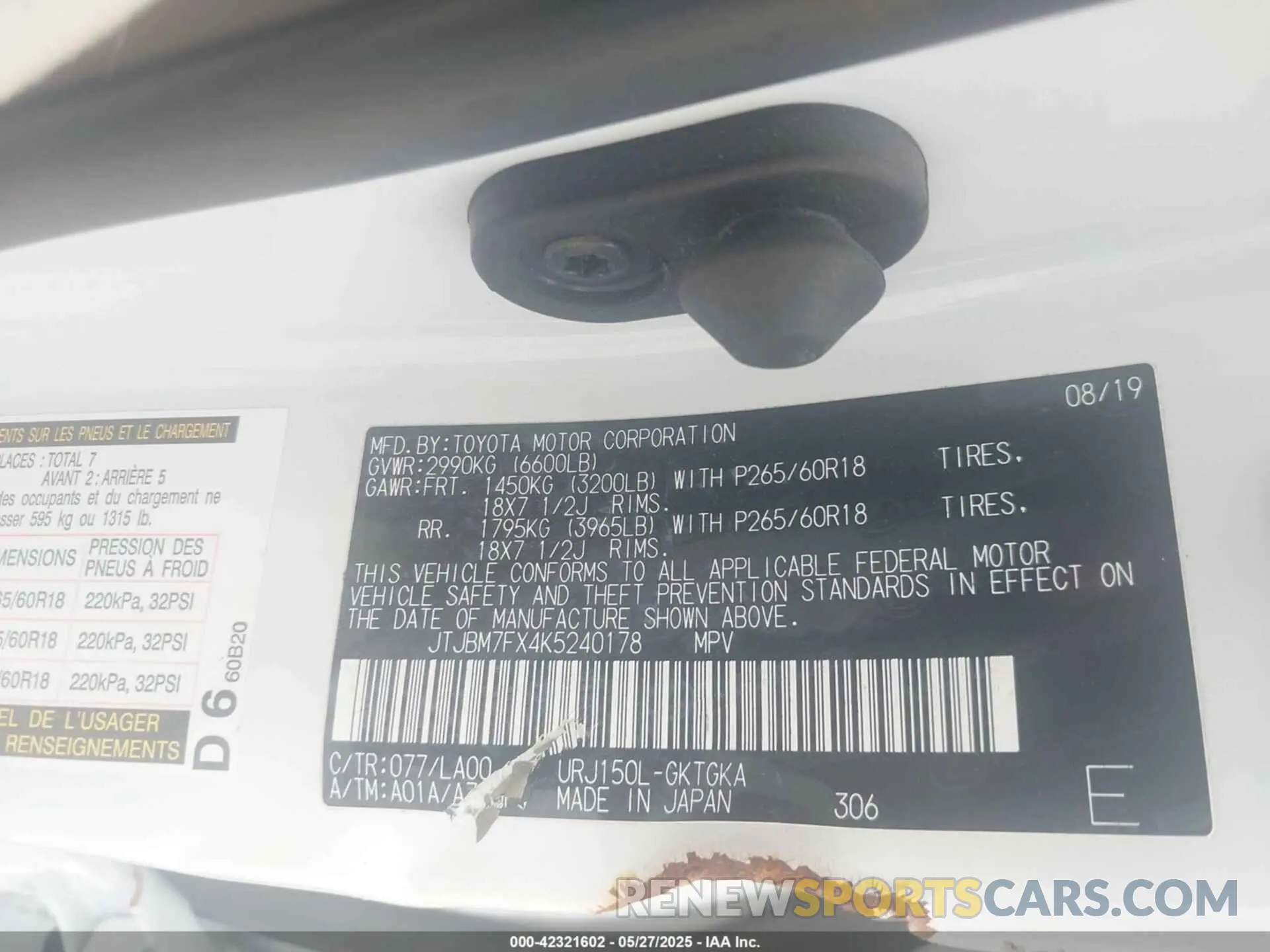 9 fotografías del automóvil dañado JTJBM7FX4K5240178 LEXUS 460 2019