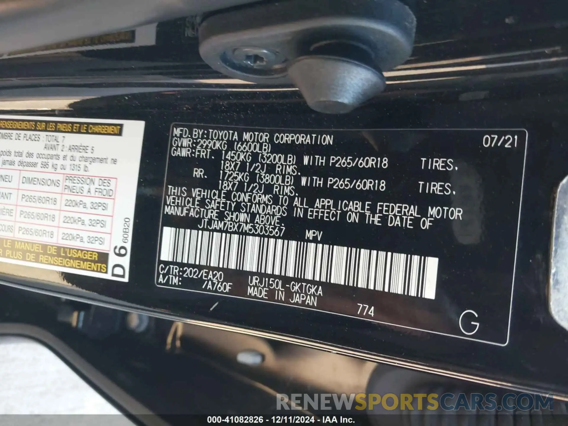 9 fotografías del automóvil dañado JTJAM7BX7M5303567 LEXUS 460 2021