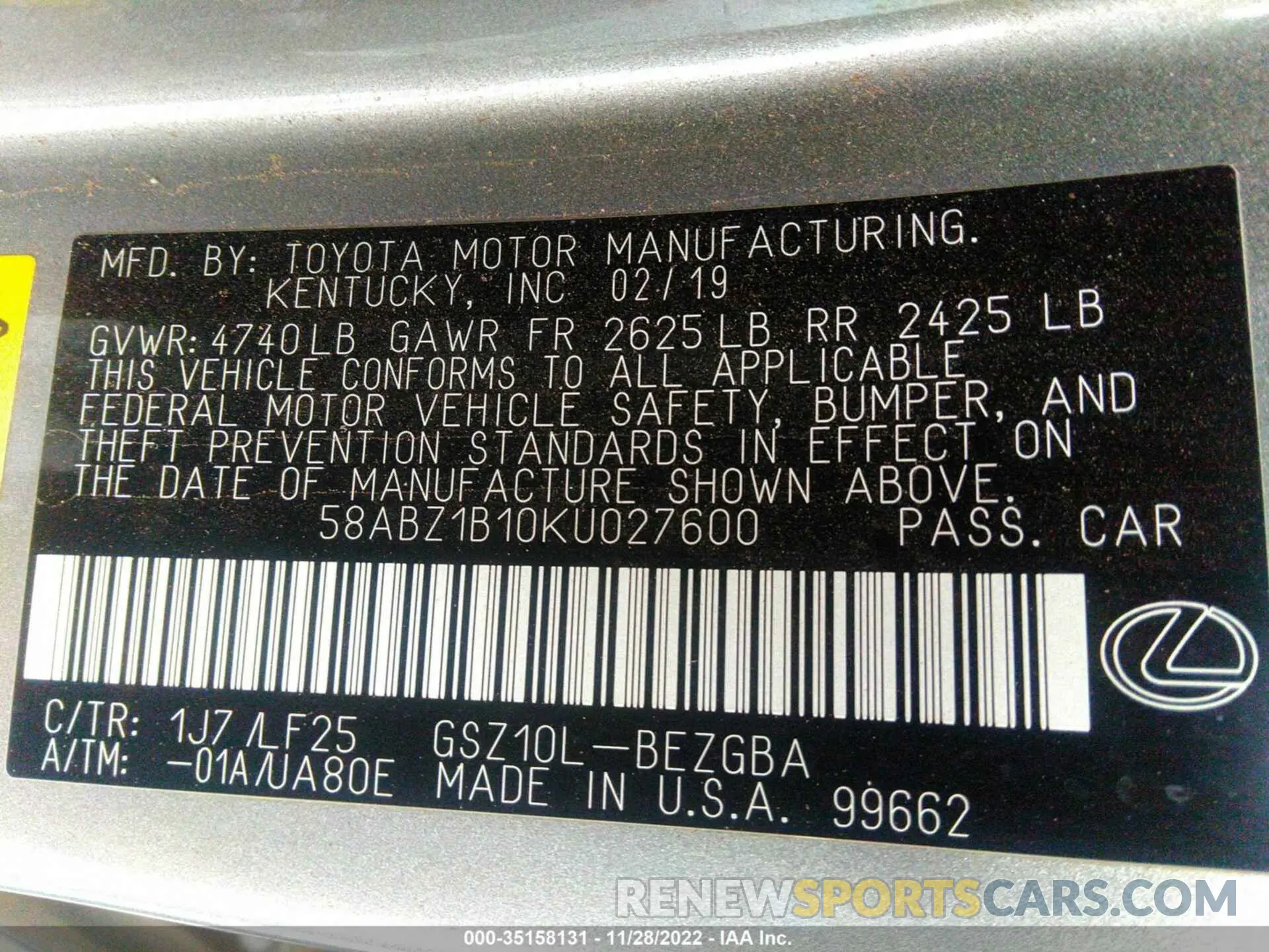 9 fotografías del automóvil dañado 58ABZ1B10KU027600 LEXUS ES 2019
