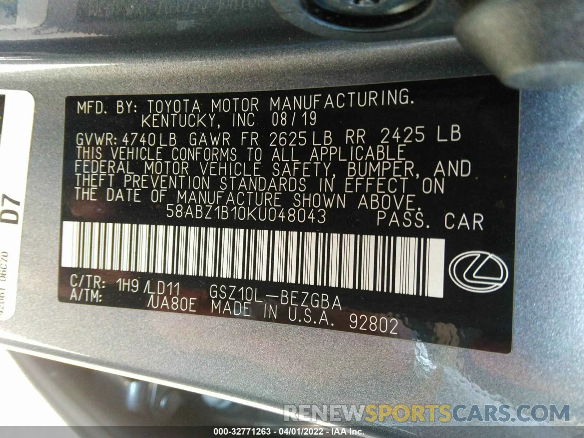 9 fotografías del automóvil dañado 58ABZ1B10KU048043 LEXUS ES 2019