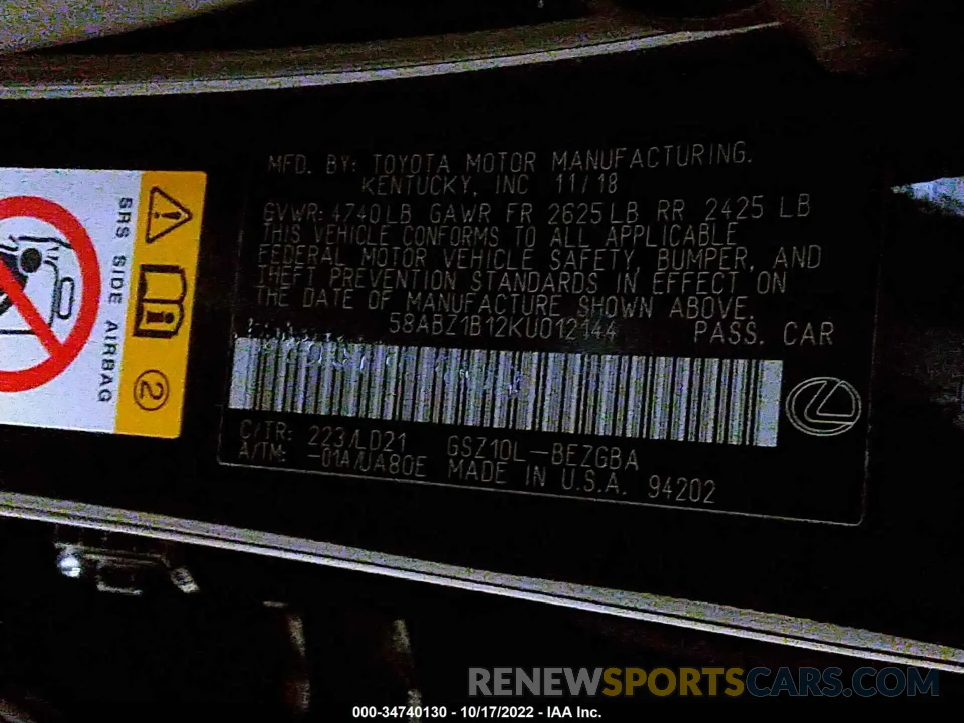 9 fotografías del automóvil dañado 58ABZ1B12KU012144 LEXUS ES 2019