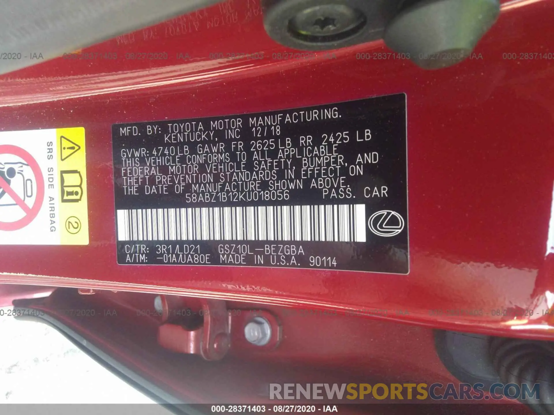 9 fotografías del automóvil dañado 58ABZ1B12KU018056 LEXUS ES 2019