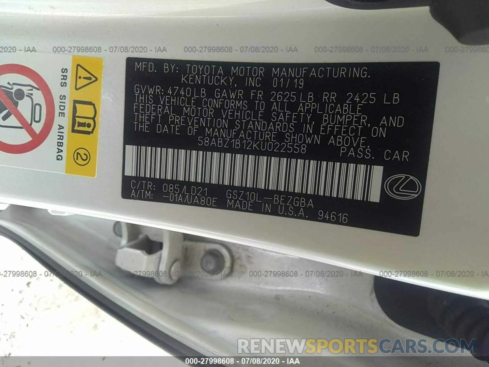 9 fotografías del automóvil dañado 58ABZ1B12KU022558 LEXUS ES 2019