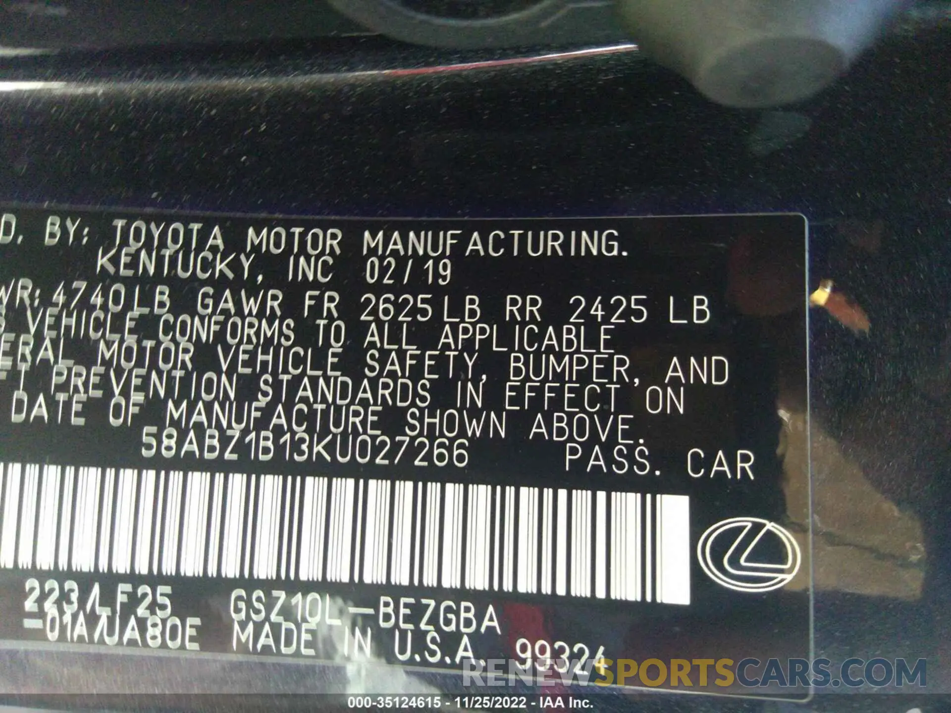 9 fotografías del automóvil dañado 58ABZ1B13KU027266 LEXUS ES 2019