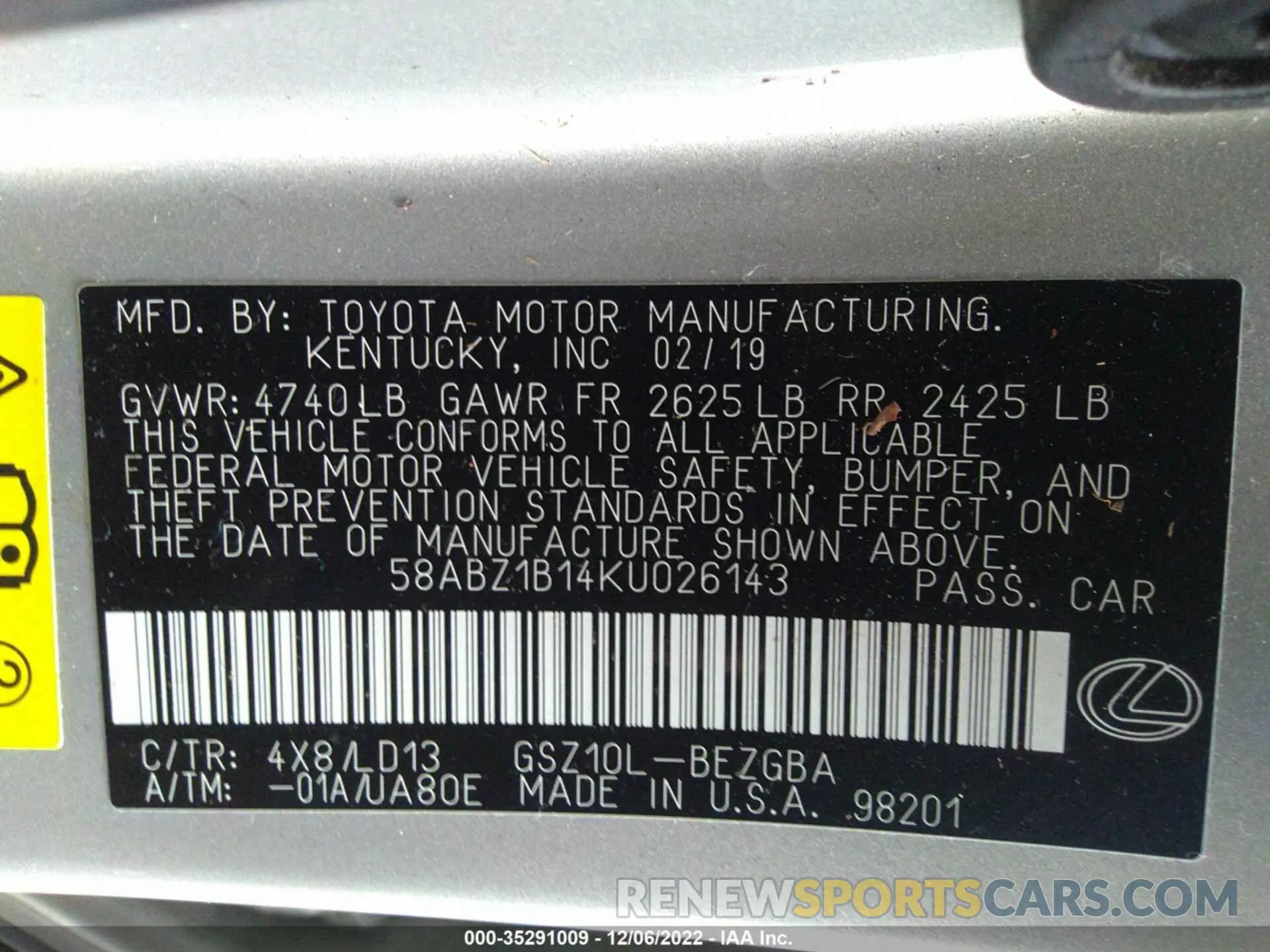9 fotografías del automóvil dañado 58ABZ1B14KU026143 LEXUS ES 2019