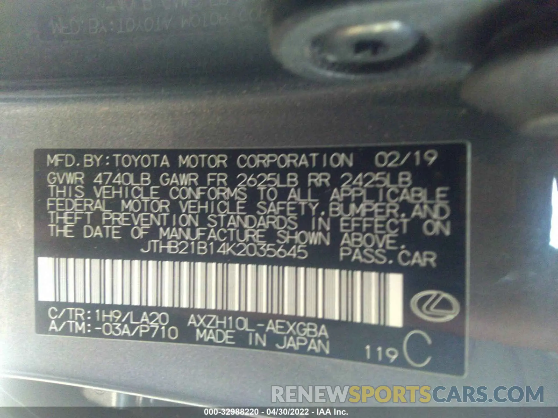 9 fotografías del automóvil dañado JTHB21B14K2035645 LEXUS ES 2019