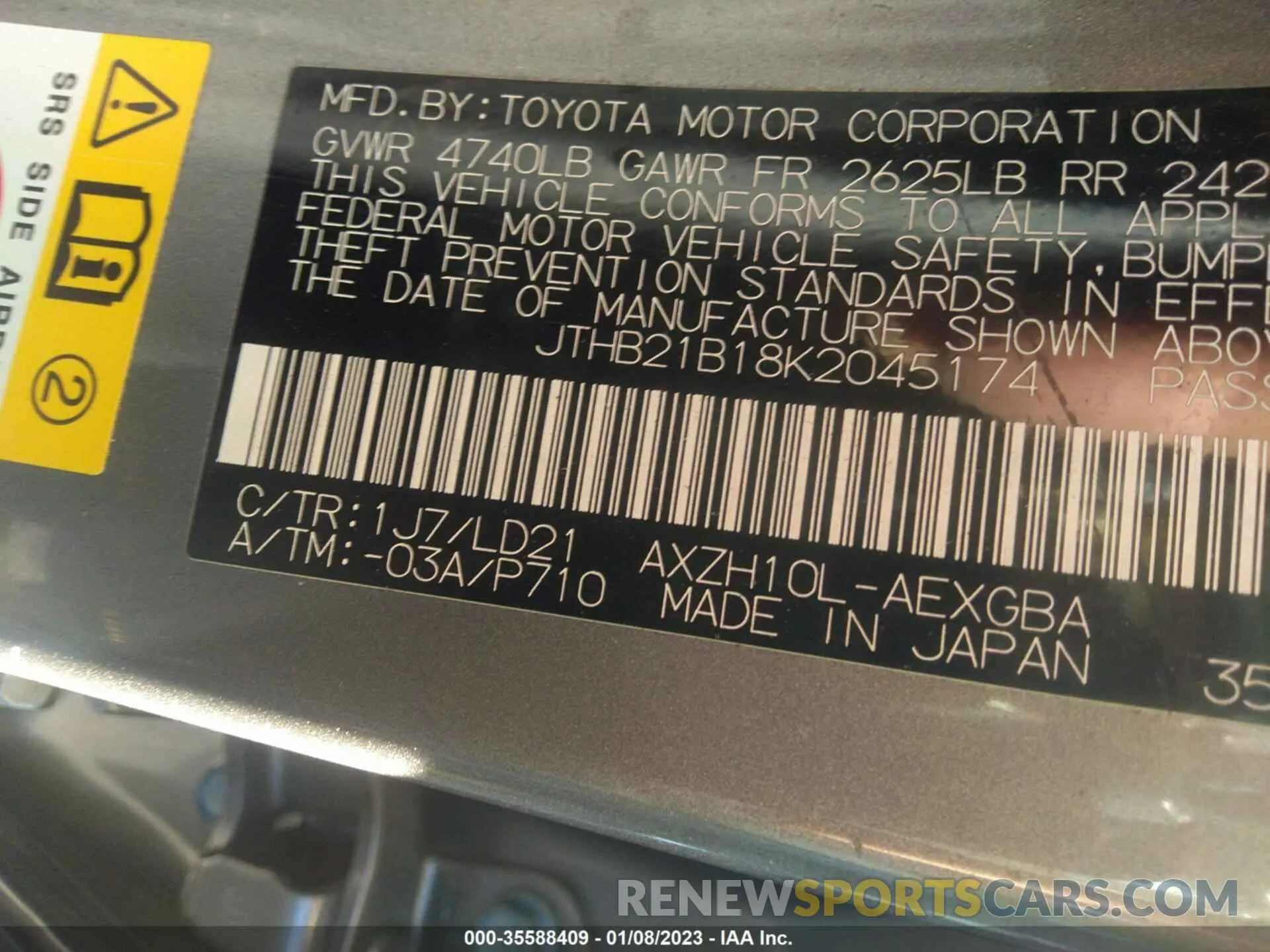 9 fotografías del automóvil dañado JTHB21B18K2045174 LEXUS ES 2019