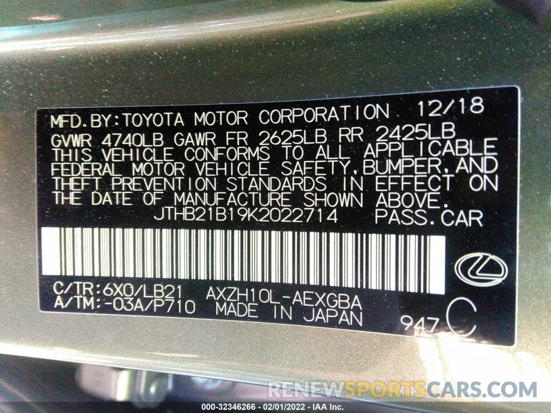 9 fotografías del automóvil dañado JTHB21B19K2022714 LEXUS ES 2019