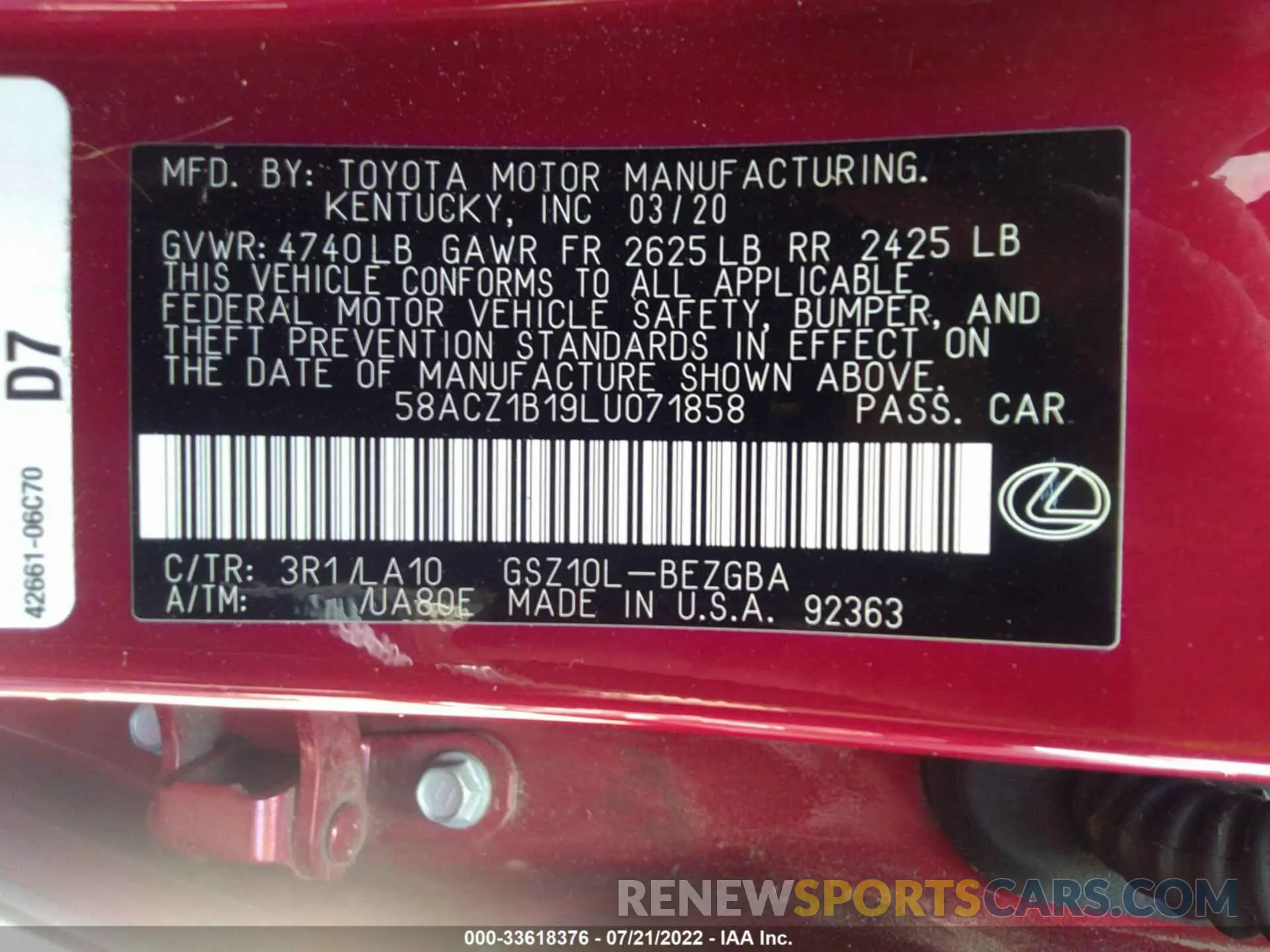 9 fotografías del automóvil dañado 58ACZ1B19LU071858 LEXUS ES 2020