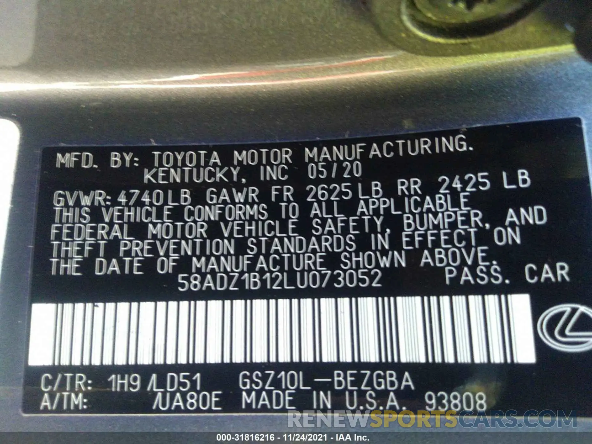 9 fotografías del automóvil dañado 58ADZ1B12LU073052 LEXUS ES 2020