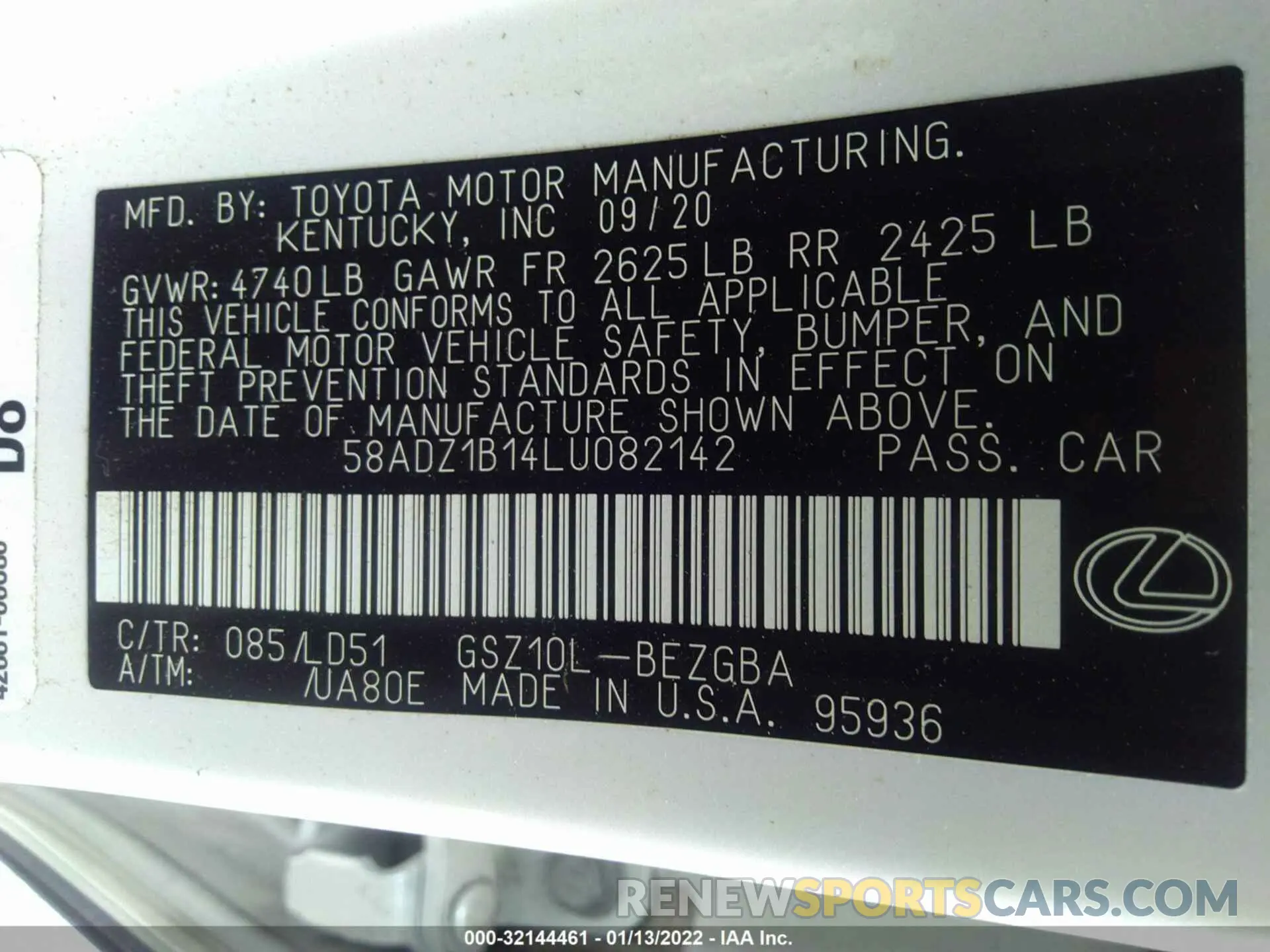 9 fotografías del automóvil dañado 58ADZ1B14LU082142 LEXUS ES 2020