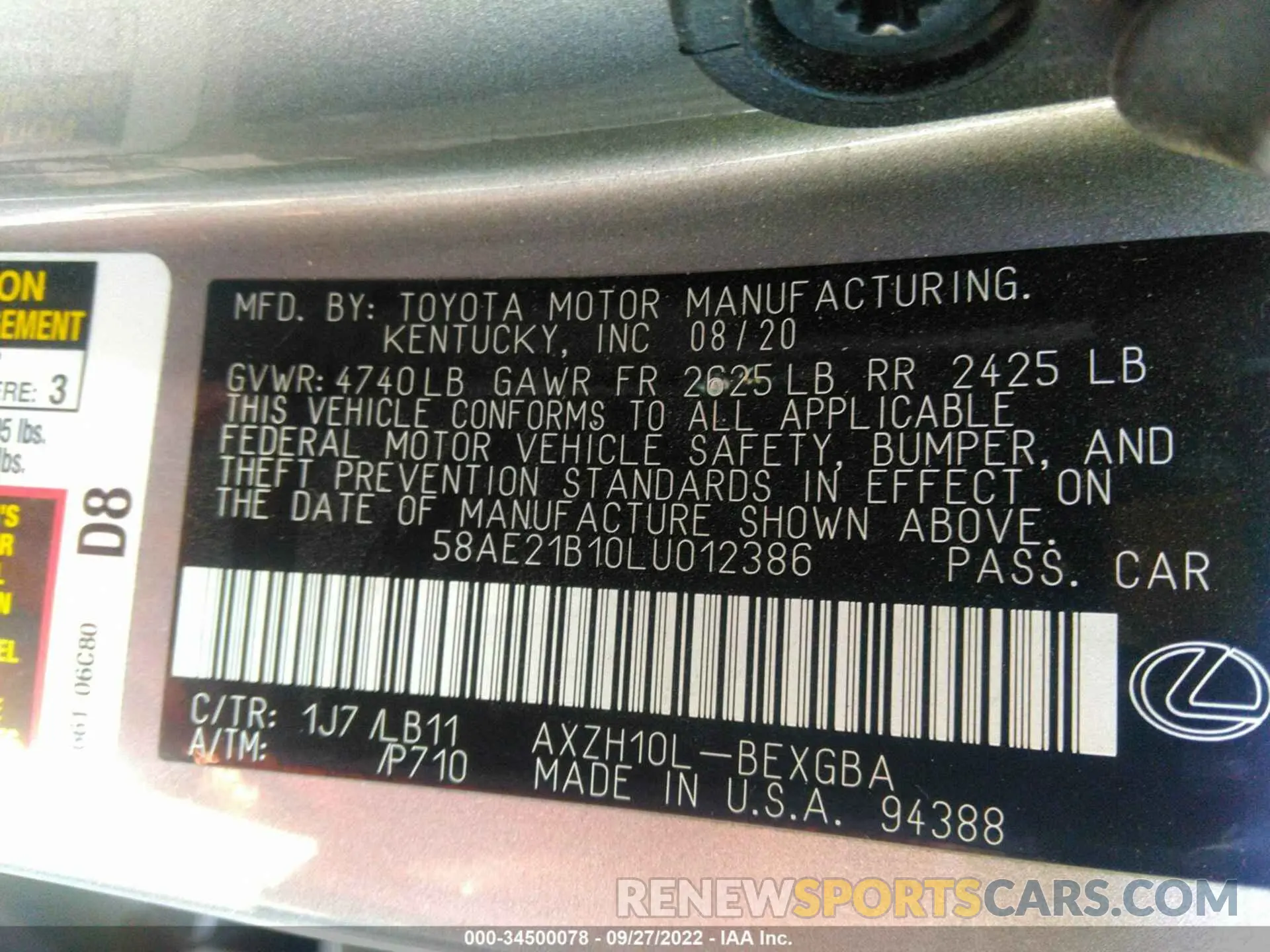 9 fotografías del automóvil dañado 58AE21B10LU012386 LEXUS ES 2020