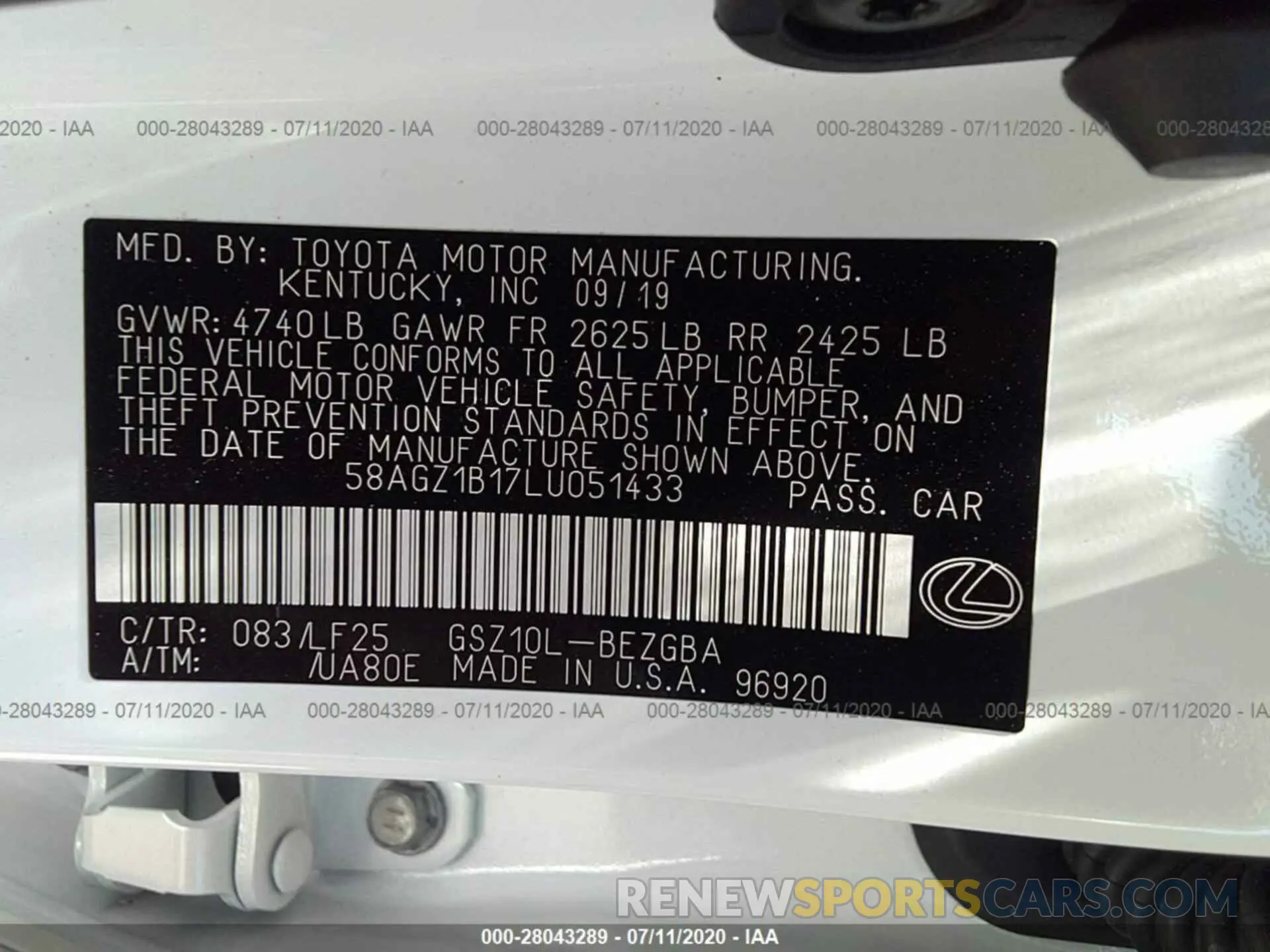 9 fotografías del automóvil dañado 58AGZ1B17LU051433 LEXUS ES 2020