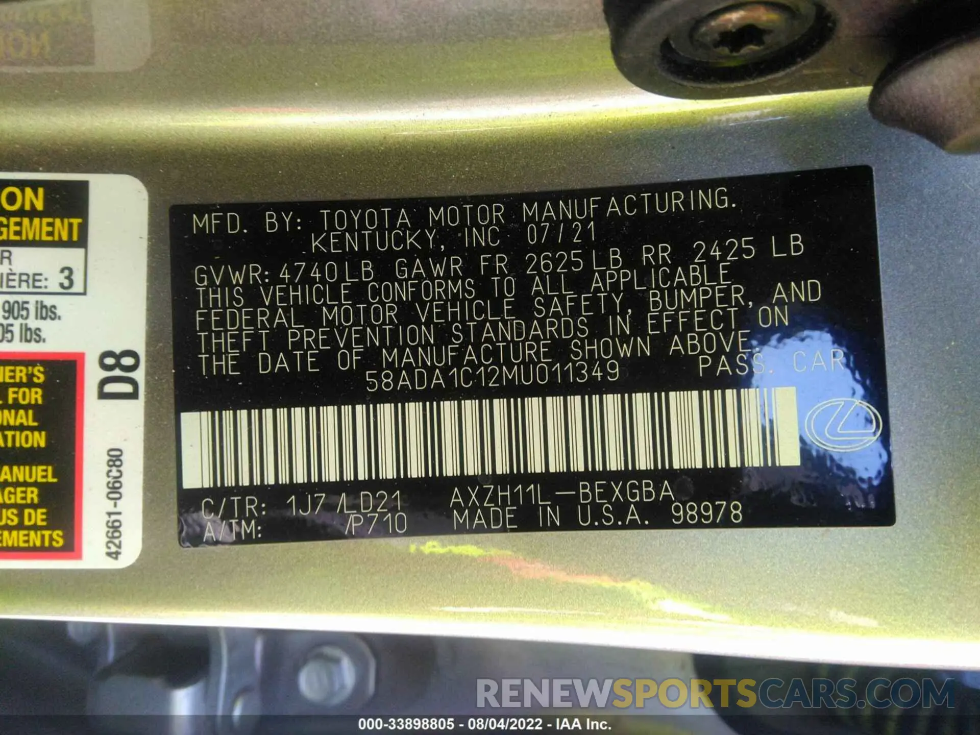 9 fotografías del automóvil dañado 58ADA1C12MU011349 LEXUS ES 2021