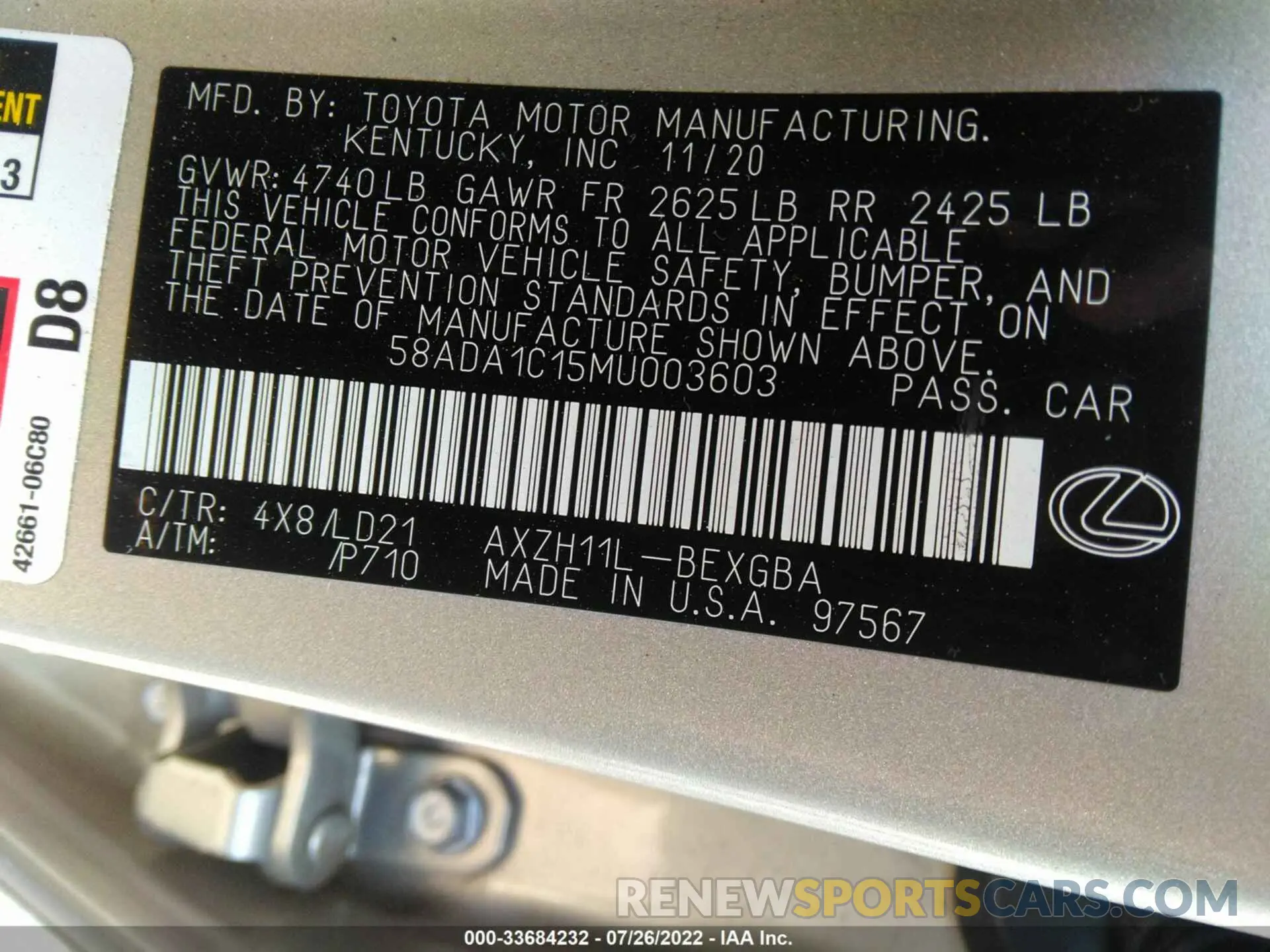 9 fotografías del automóvil dañado 58ADA1C15MU003603 LEXUS ES 2021
