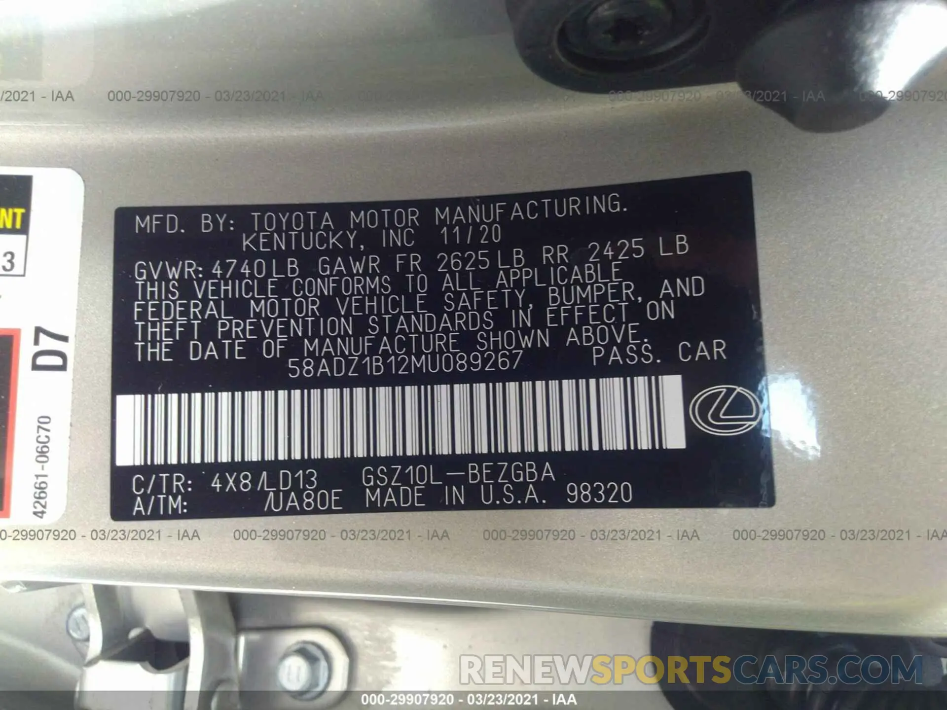 9 fotografías del automóvil dañado 58ADZ1B12MU089267 LEXUS ES 2021