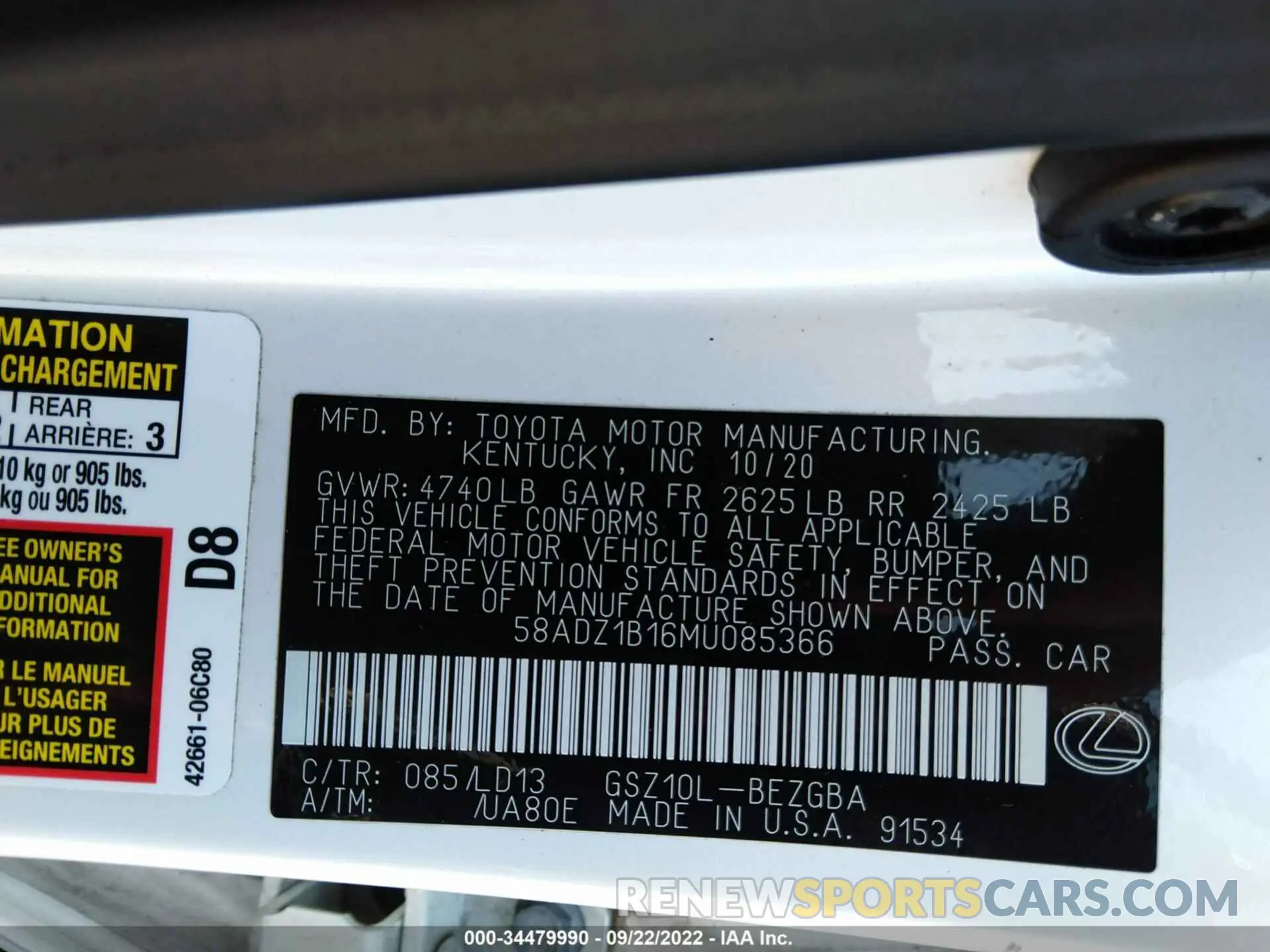 9 fotografías del automóvil dañado 58ADZ1B16MU085366 LEXUS ES 2021