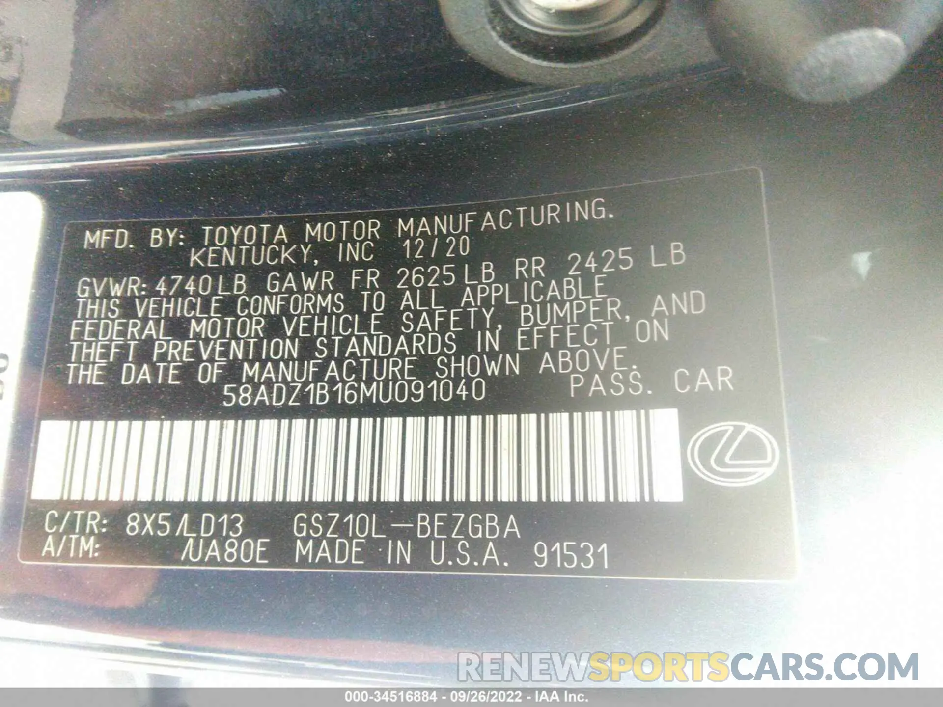9 fotografías del automóvil dañado 58ADZ1B16MU091040 LEXUS ES 2021