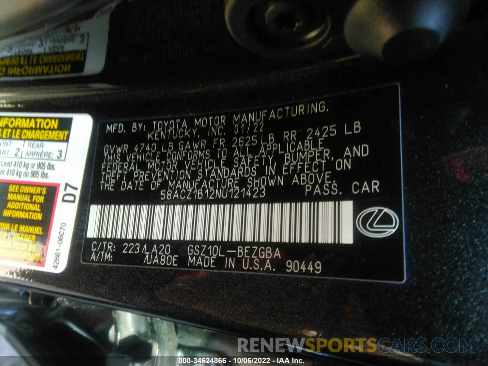 9 fotografías del automóvil dañado 58ACZ1B12NU121423 LEXUS ES 2022
