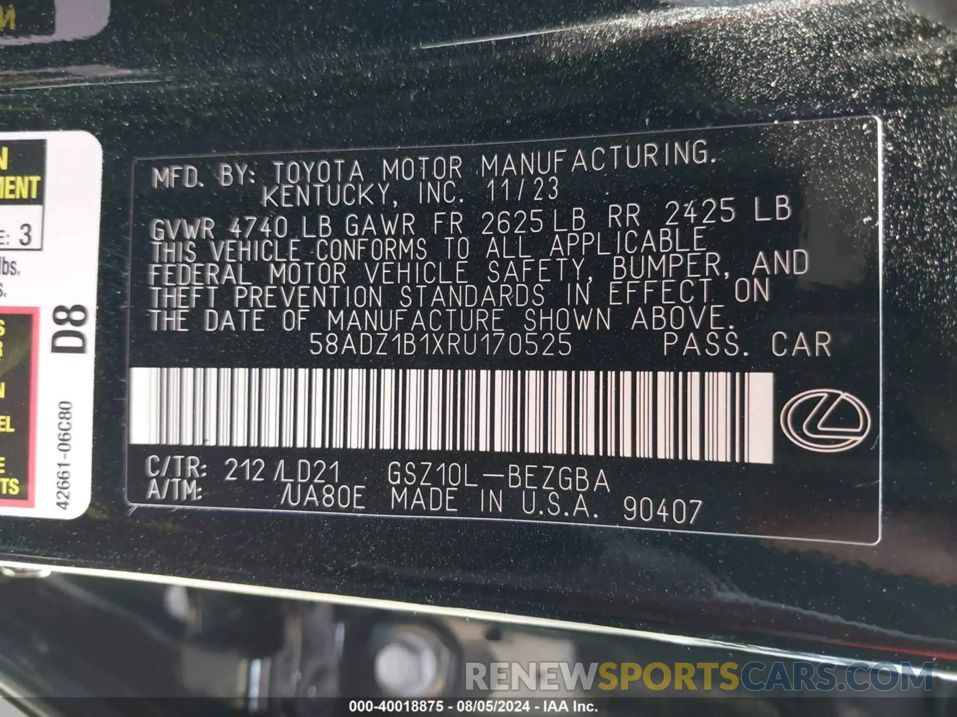 9 fotografías del automóvil dañado 58ADZ1B1XRU170525 LEXUS ES 2024
